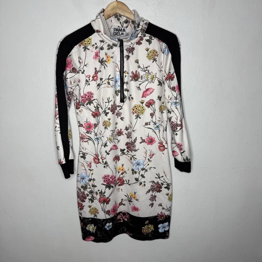 Pam & Gela Floral Half Zip Mini Track Dress Long Sleeve Women's Medium